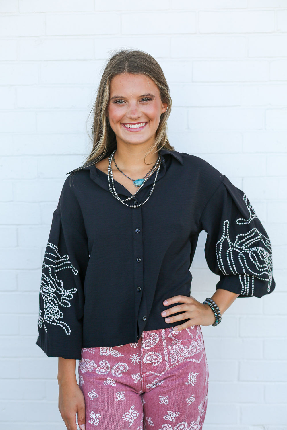 Black & Silver Embroidery Button Down Top