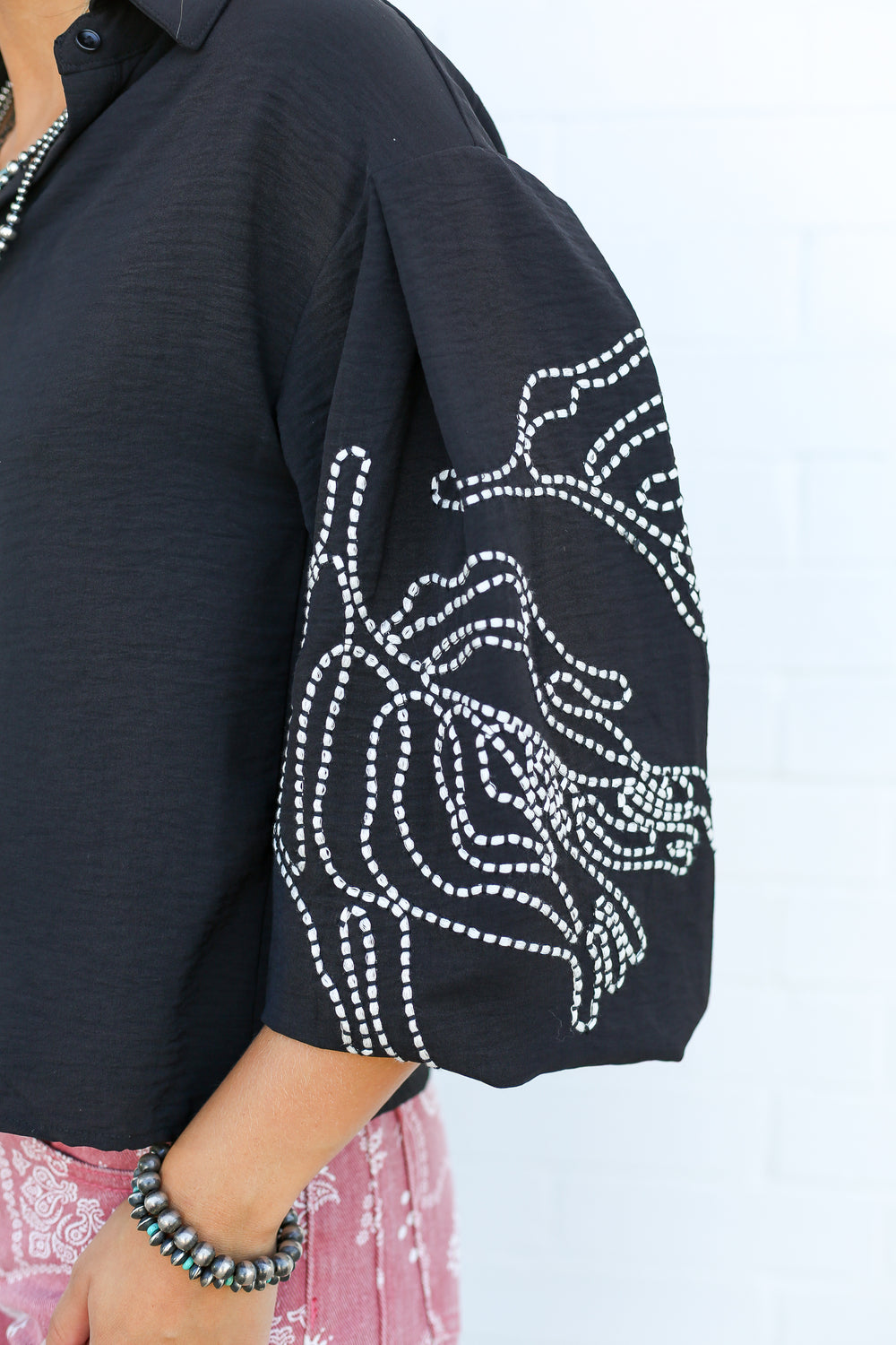 Black & Silver Embroidery Button Down Top