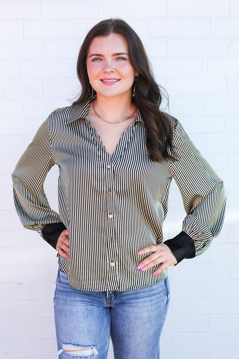 Black and White Striped Button Down Blouse