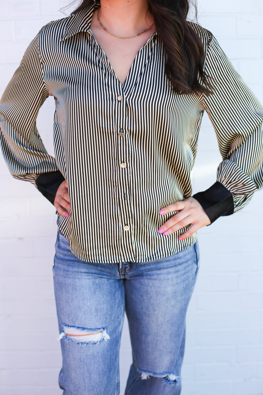 Black and White Striped Button Down Blouse