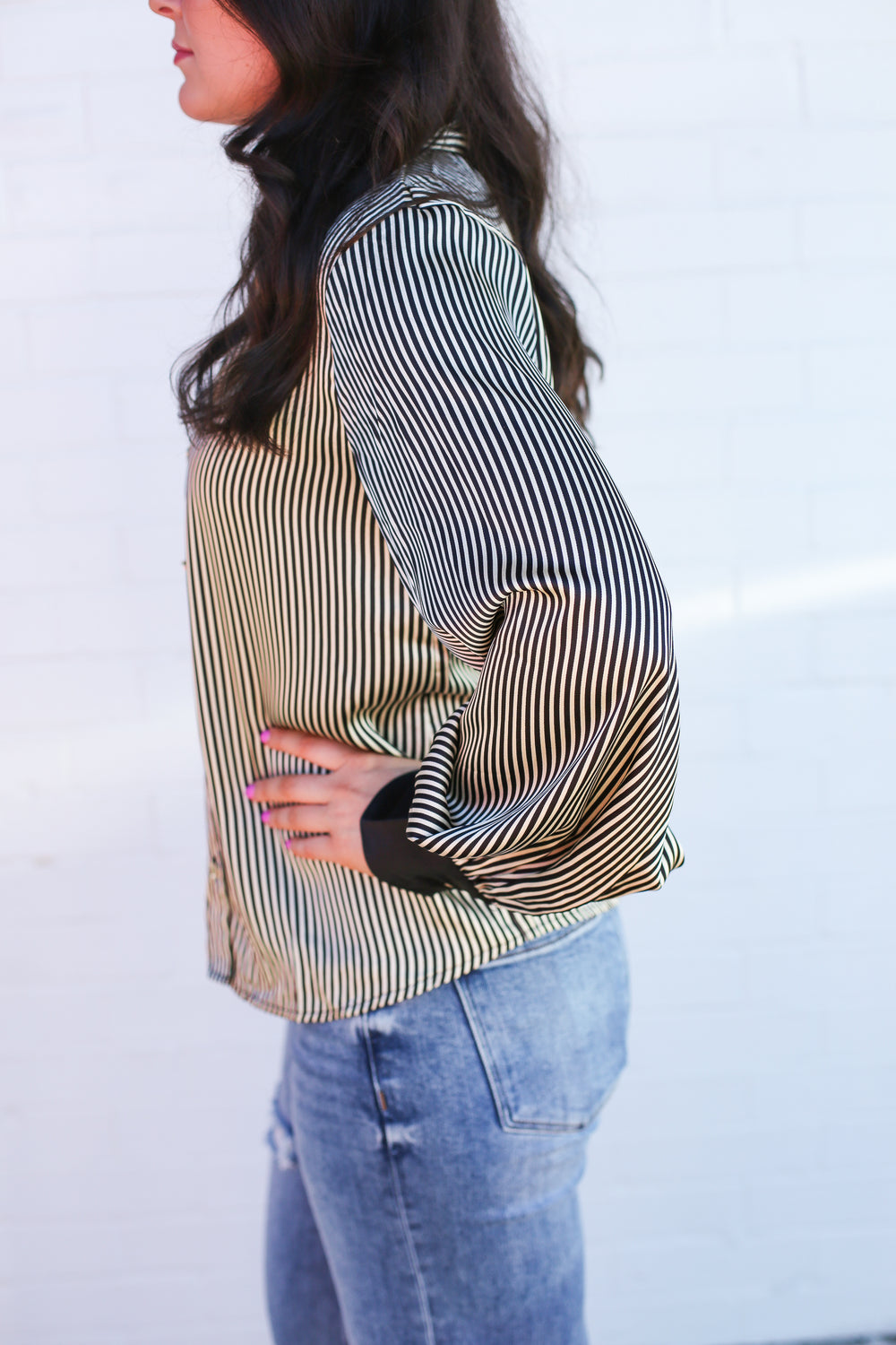 Black and White Striped Button Down Blouse