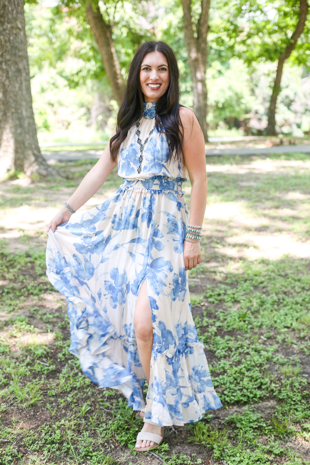 Blue Floral Halter Maxi Dress SMALL