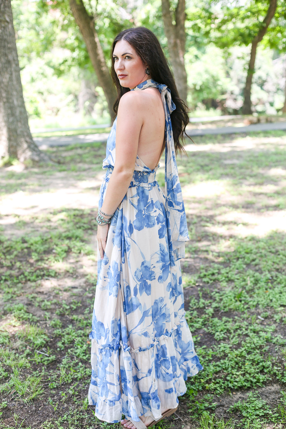 Blue Floral Halter Maxi Dress