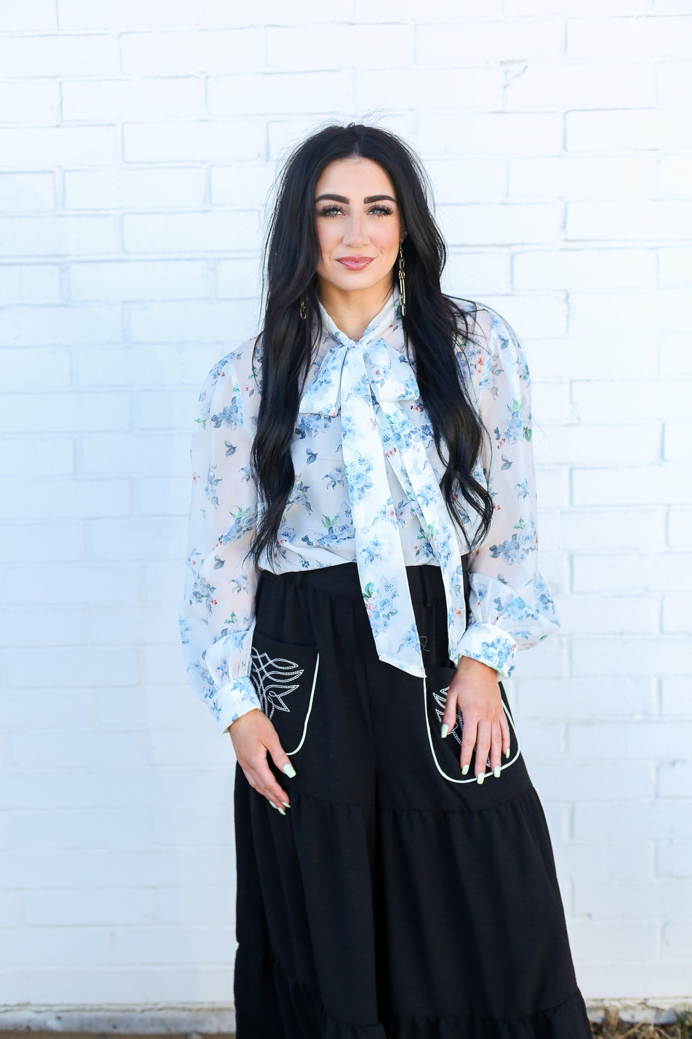 Blue Floral LS Tie Top Blouse