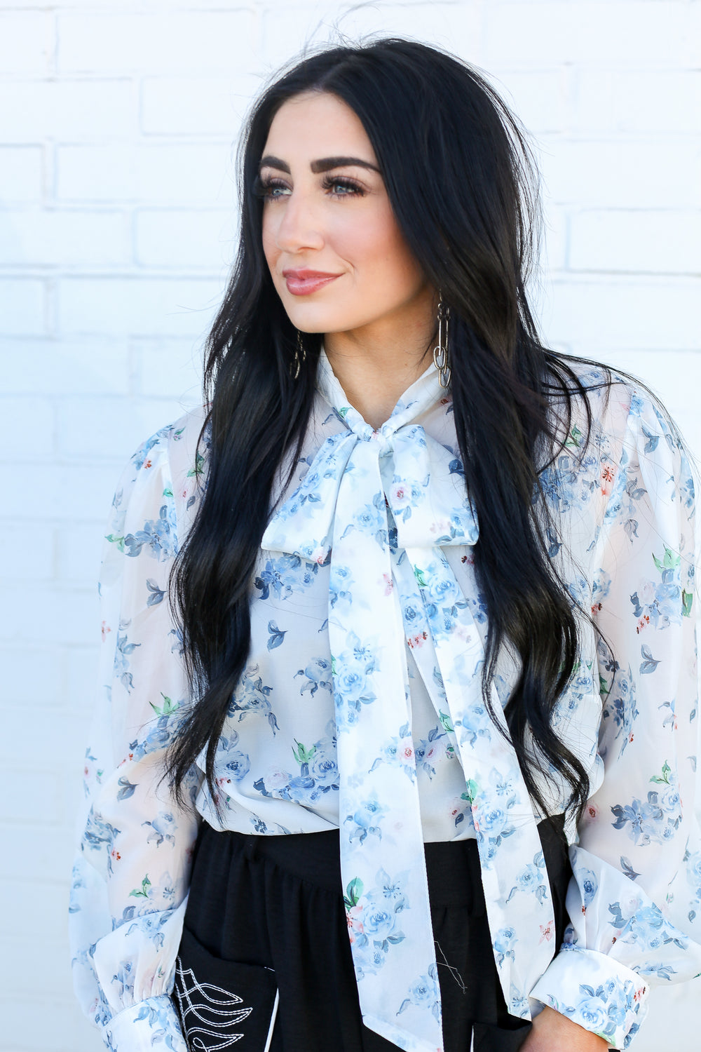 Blue Floral LS Tie Top Blouse