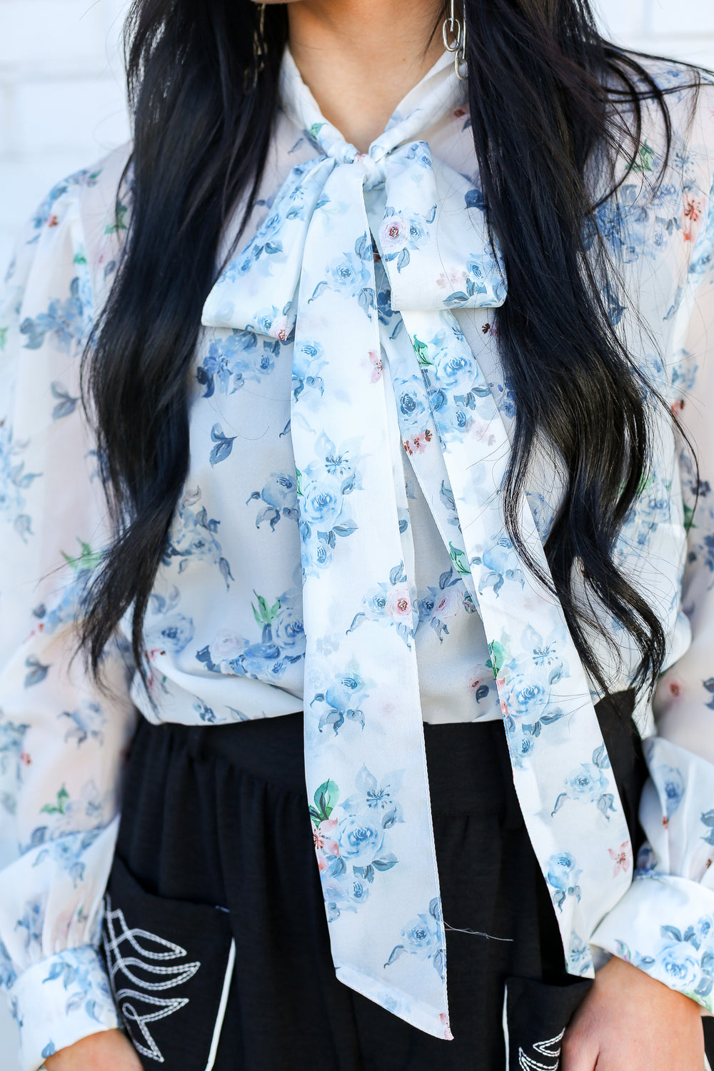 Blue Floral LS Tie Top Blouse