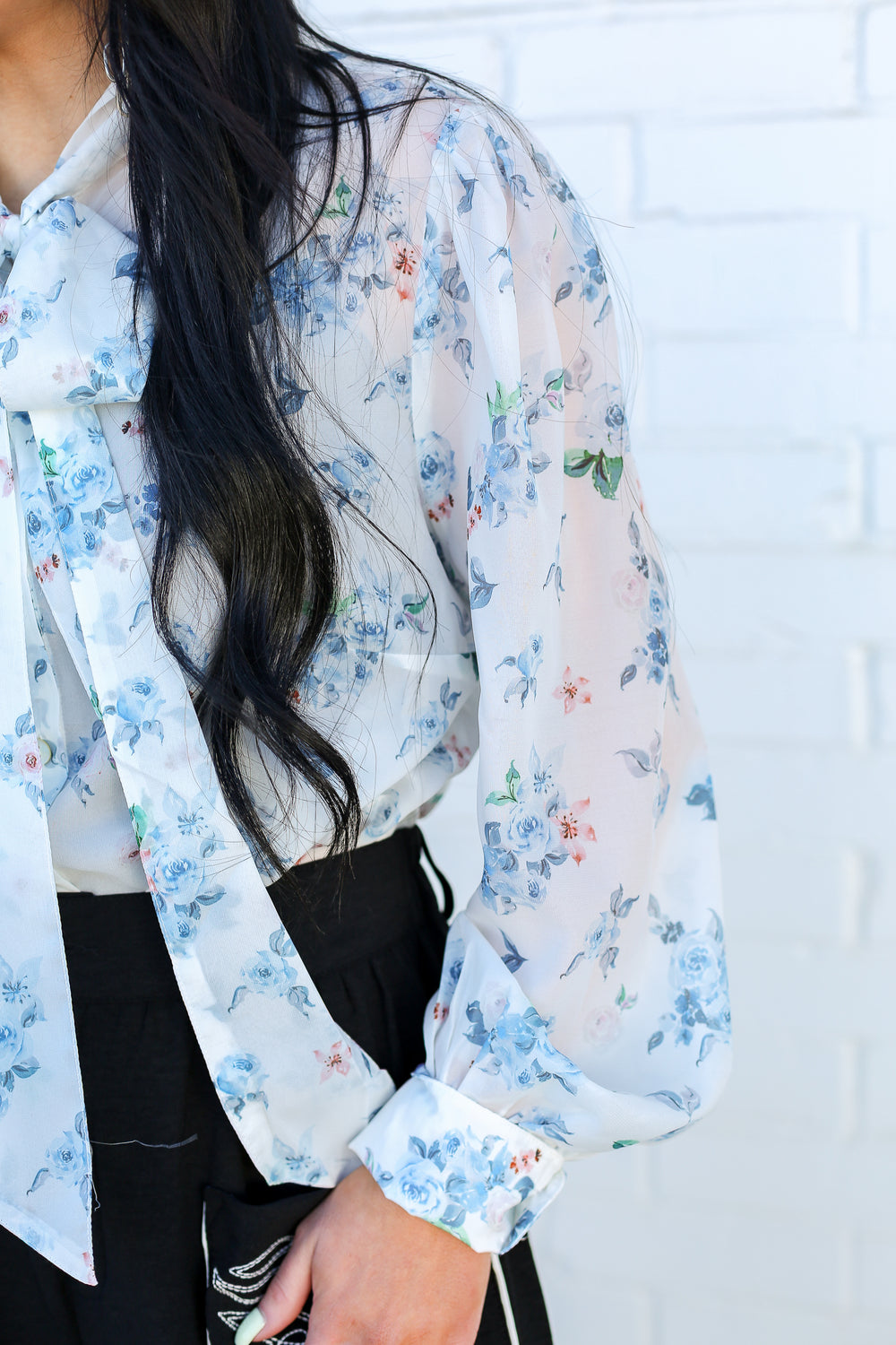 Blue Floral LS Tie Top Blouse