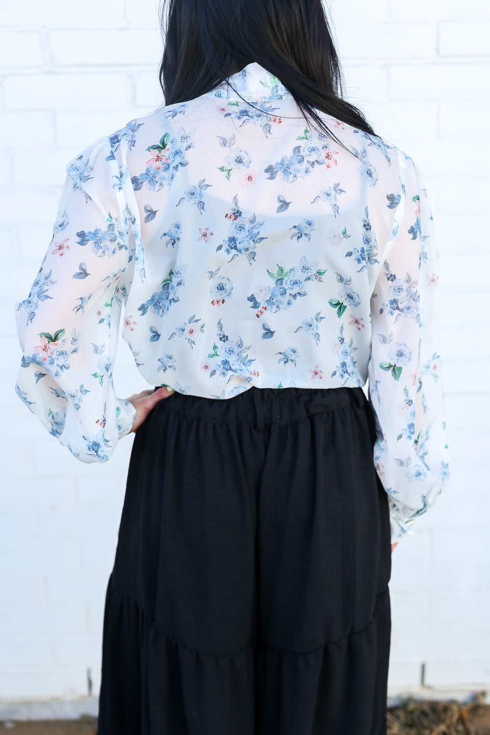 Blue Floral LS Tie Top Blouse