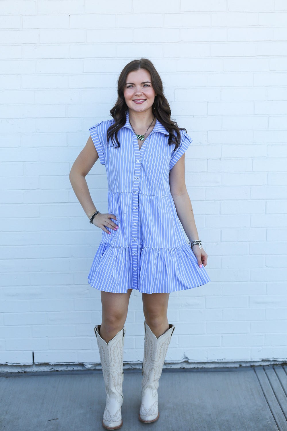 Blue Pinstripe Button Down Dress