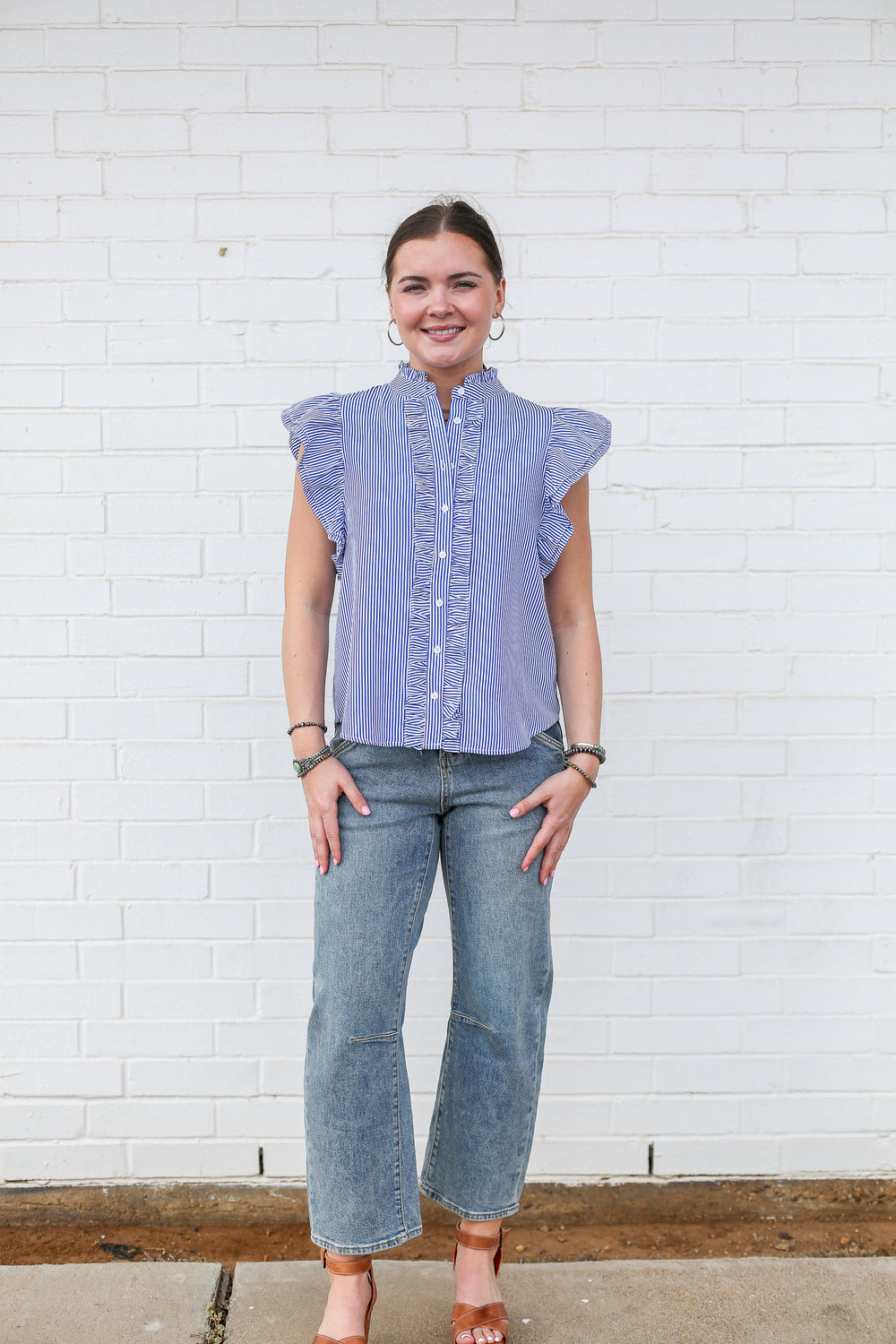 Blue Pinstripe Button Down Ruffle Trim Blouse