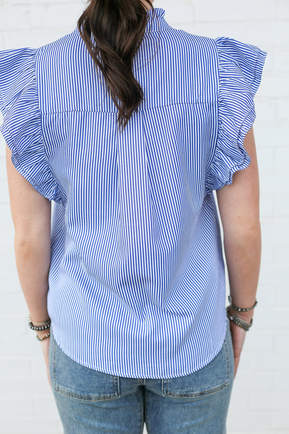 Blue Pinstripe Button Down Ruffle Trim Blouse