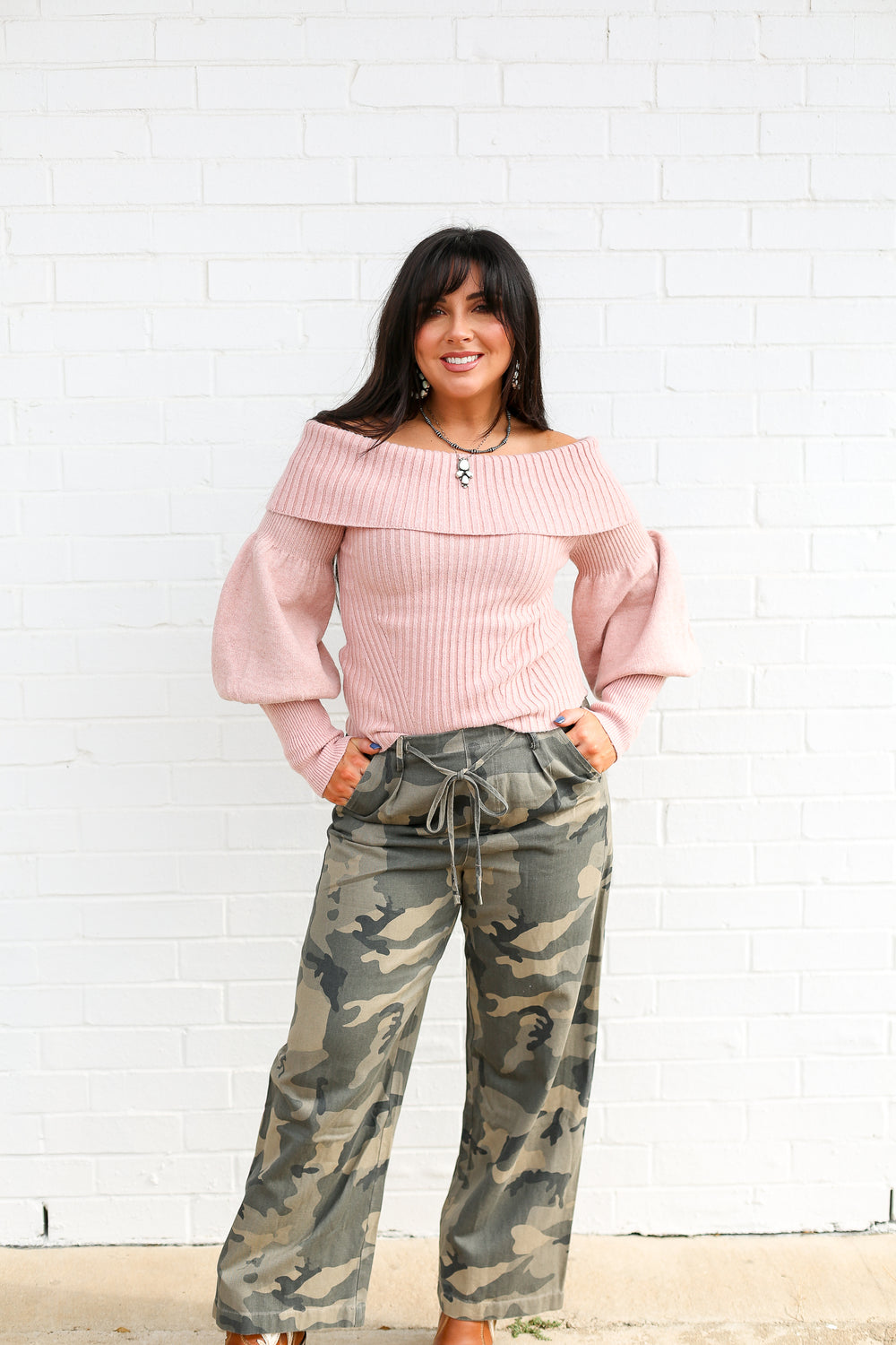 Blush Off The Shoulder Ribbed Knit Sweater