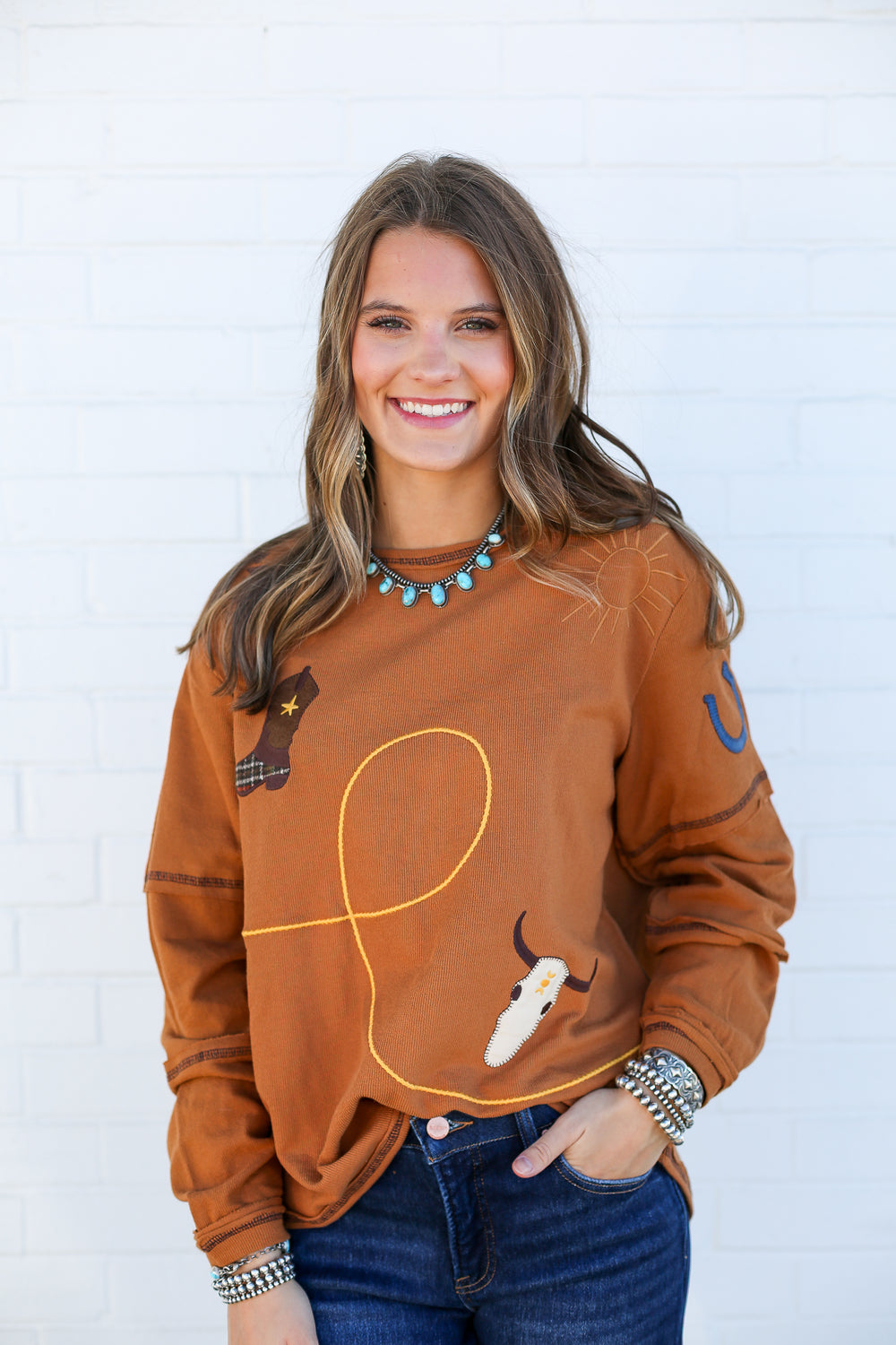 Boat Neck Desert Embroidery Long Sleeve Top