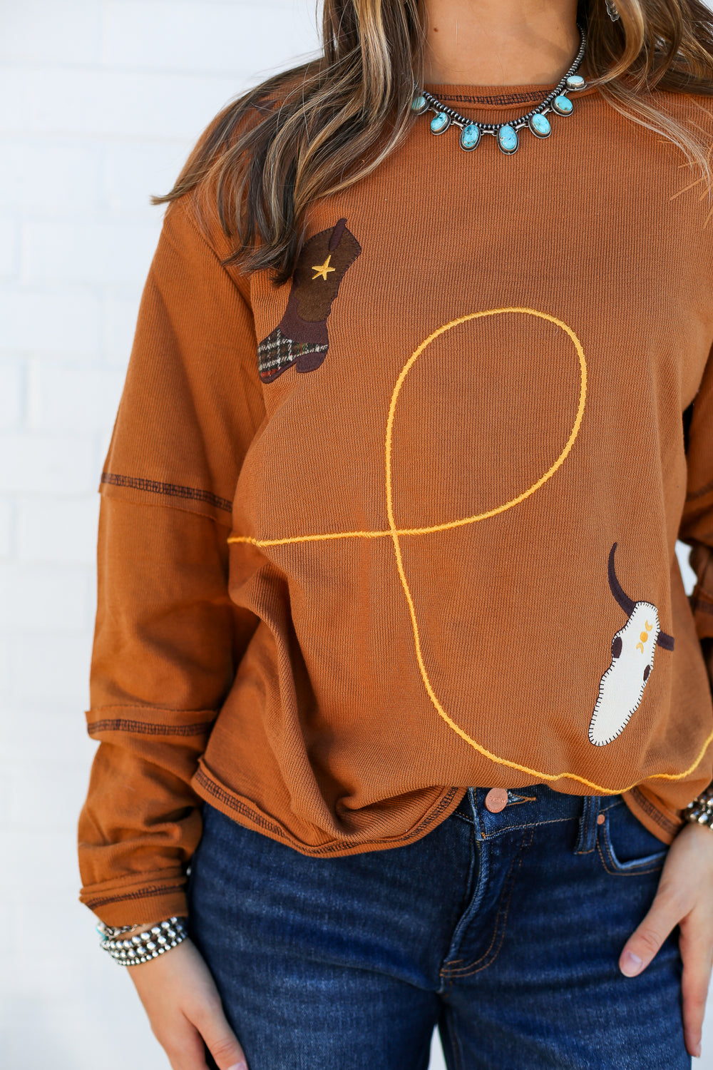 Boat Neck Desert Embroidery Long Sleeve Top