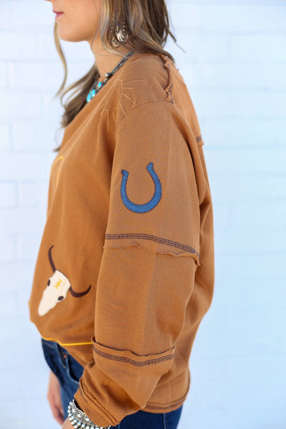 Boat Neck Desert Embroidery Long Sleeve Top