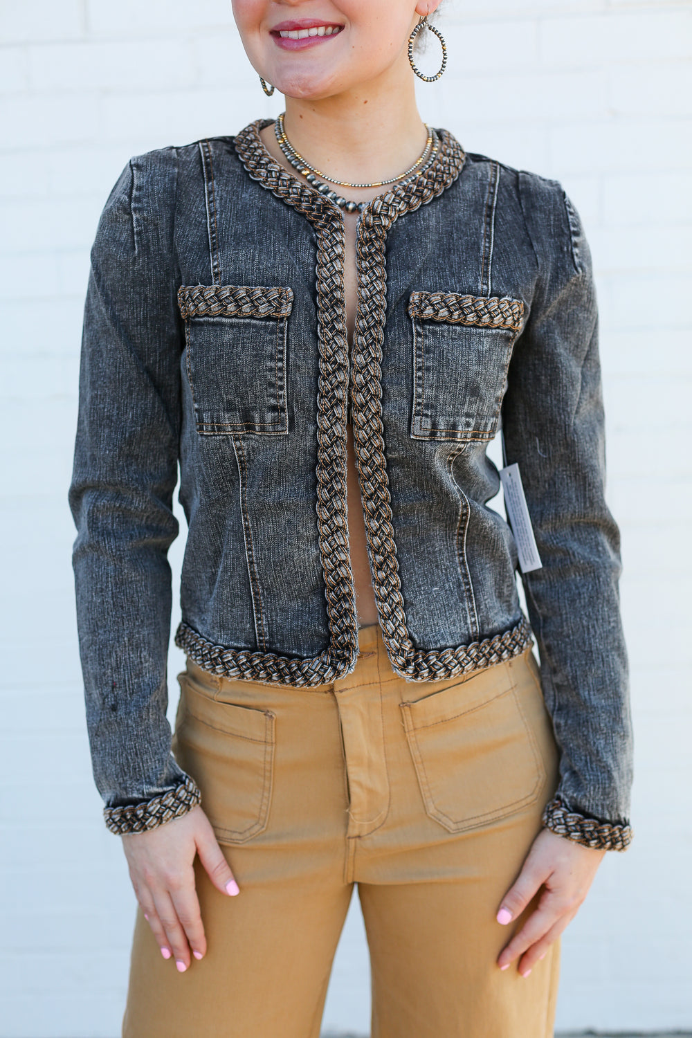 Braided Washed Black Denim Jacket