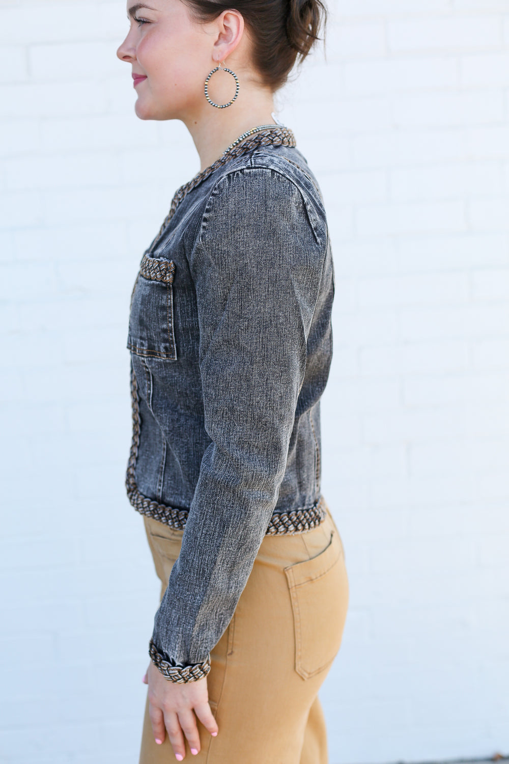 Braided Washed Black Denim Jacket