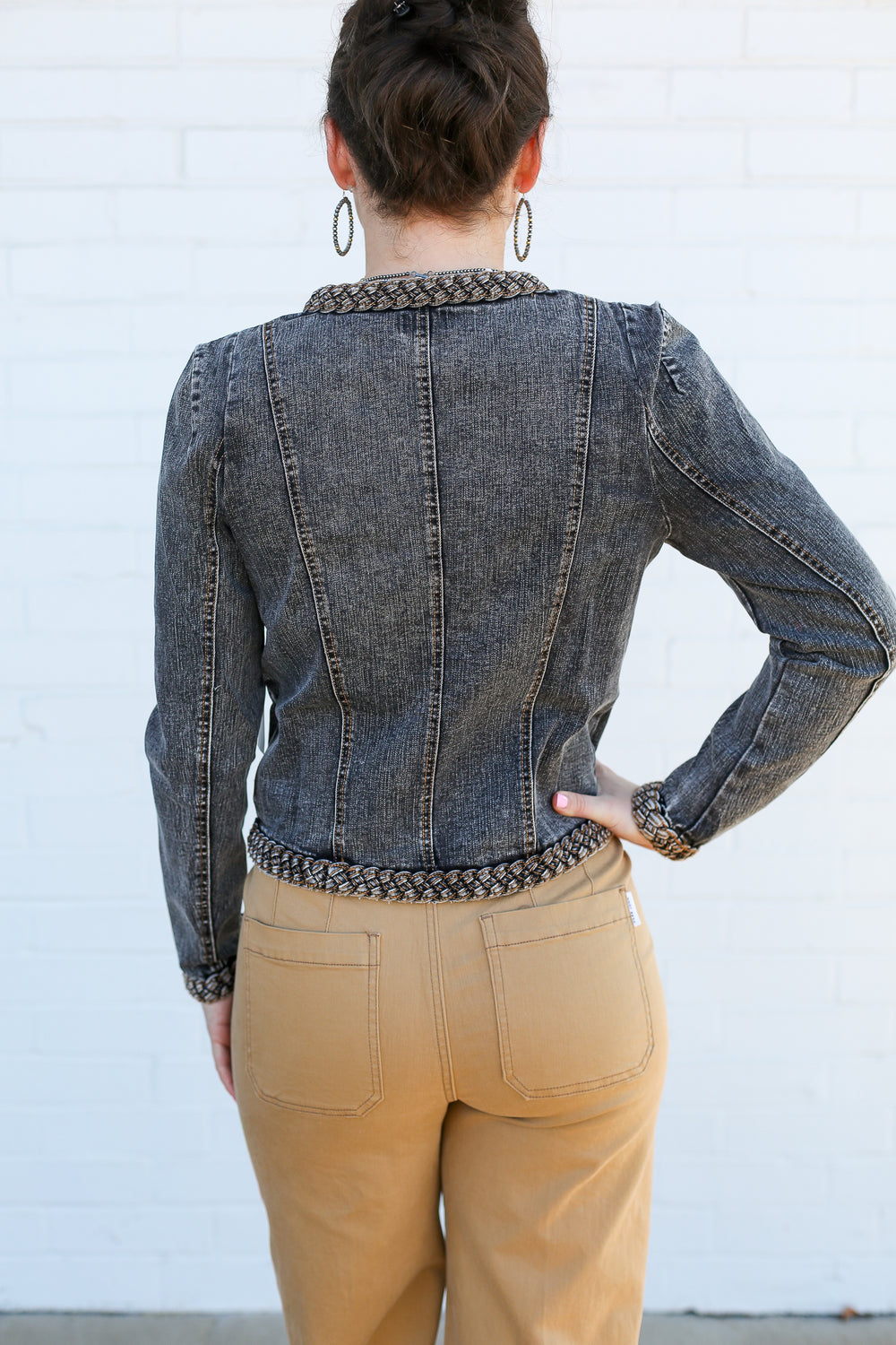 Braided Washed Black Denim Jacket
