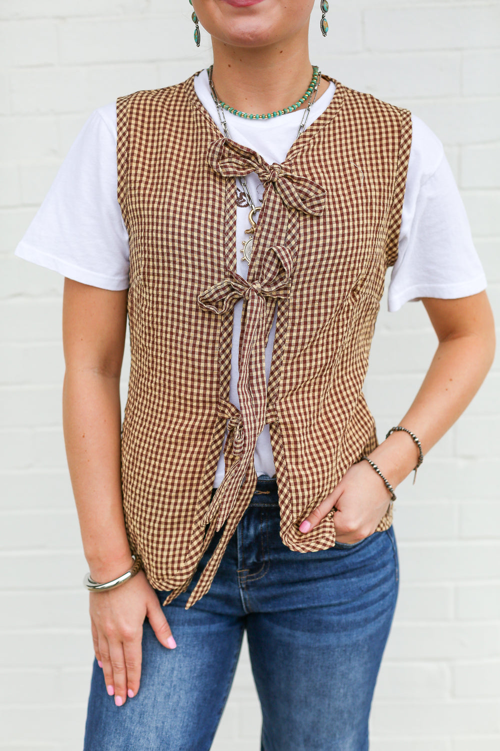 Brown Gingham Front Tie Vest