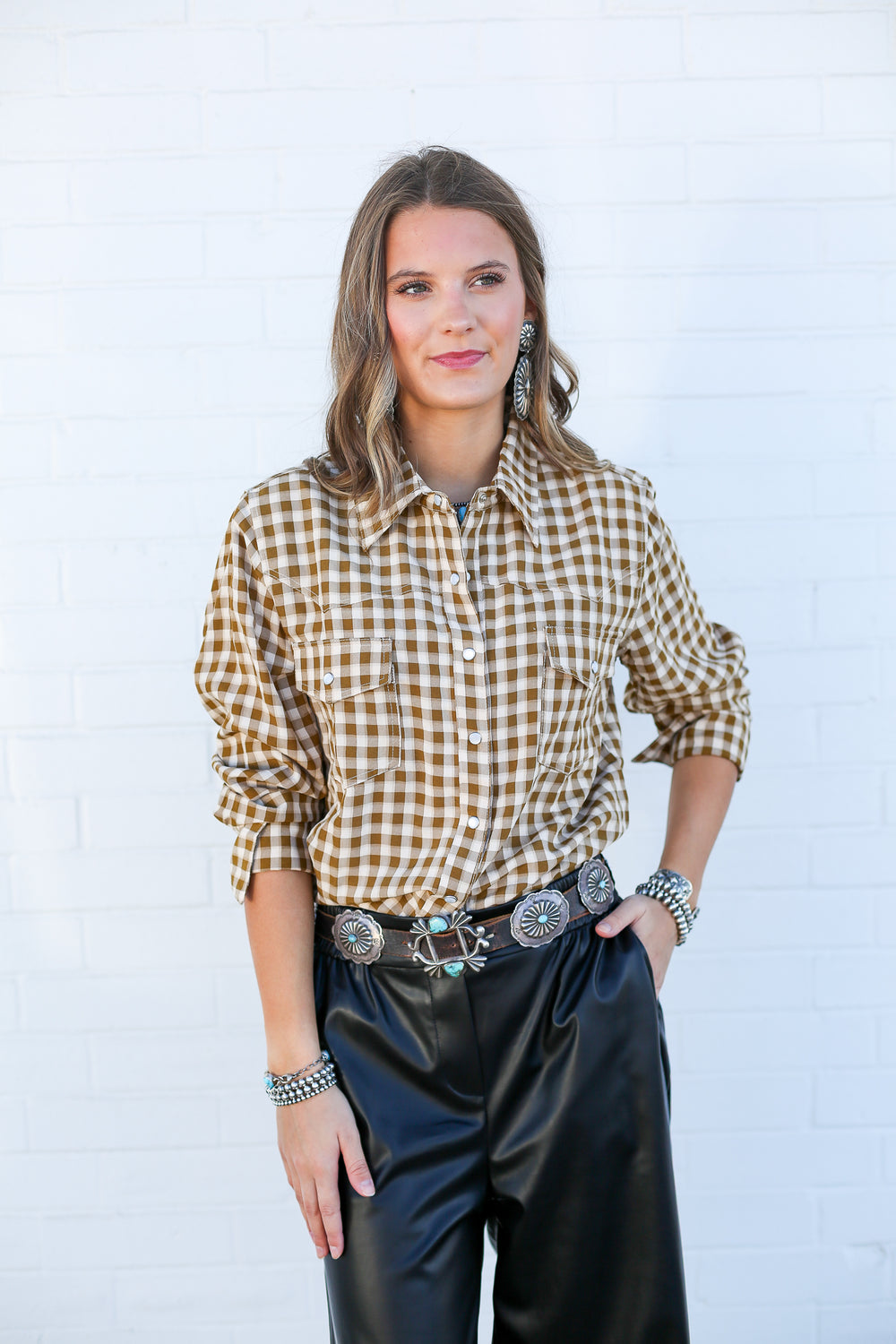 Brown Gingham Pearl Snap