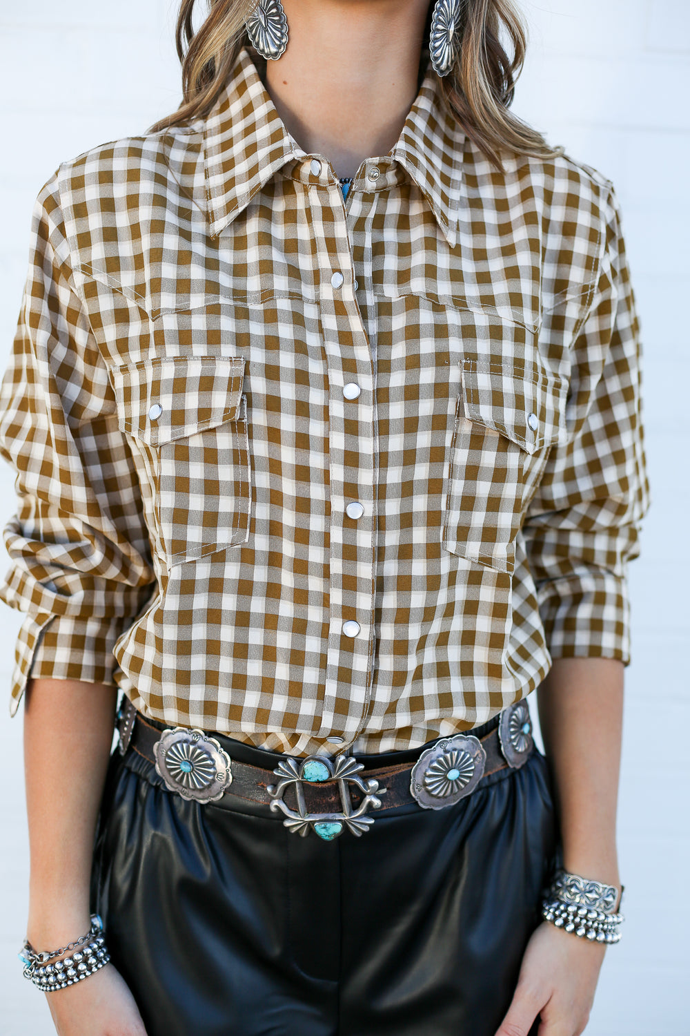 Brown Gingham Pearl Snap