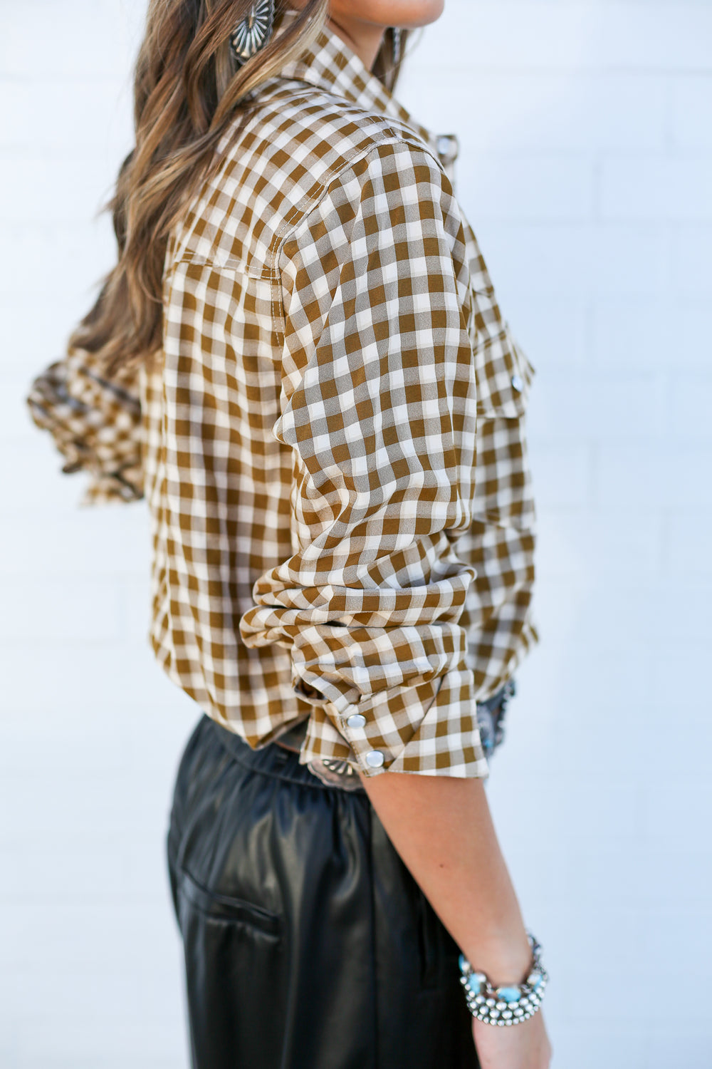 Brown Gingham Pearl Snap