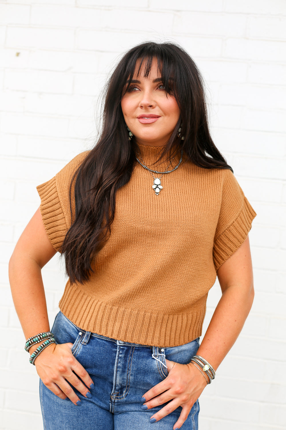 Brown Mocked Neck Sleeveless Sweater