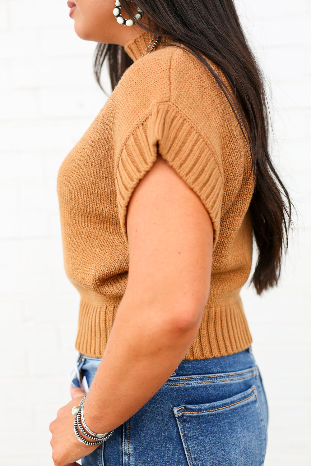 Brown Mocked Neck Sleeveless Sweater