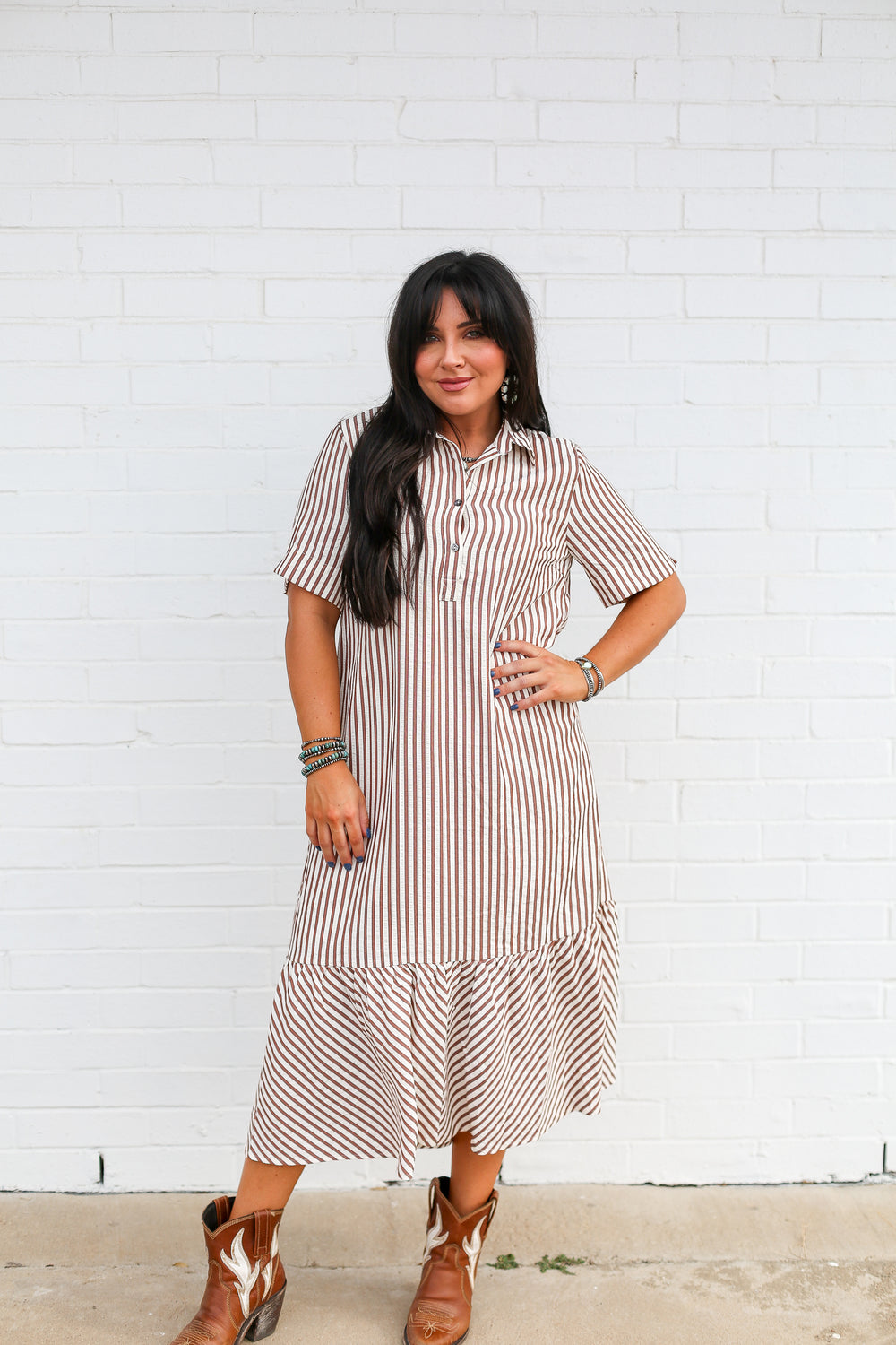 Brown Pinstripe Button Up Dress