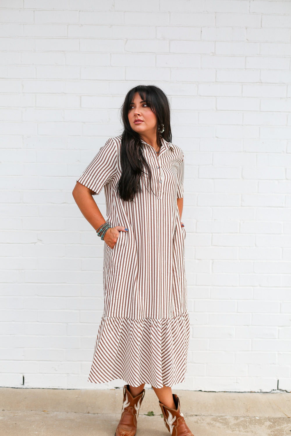 Brown Pinstripe Button Up Dress