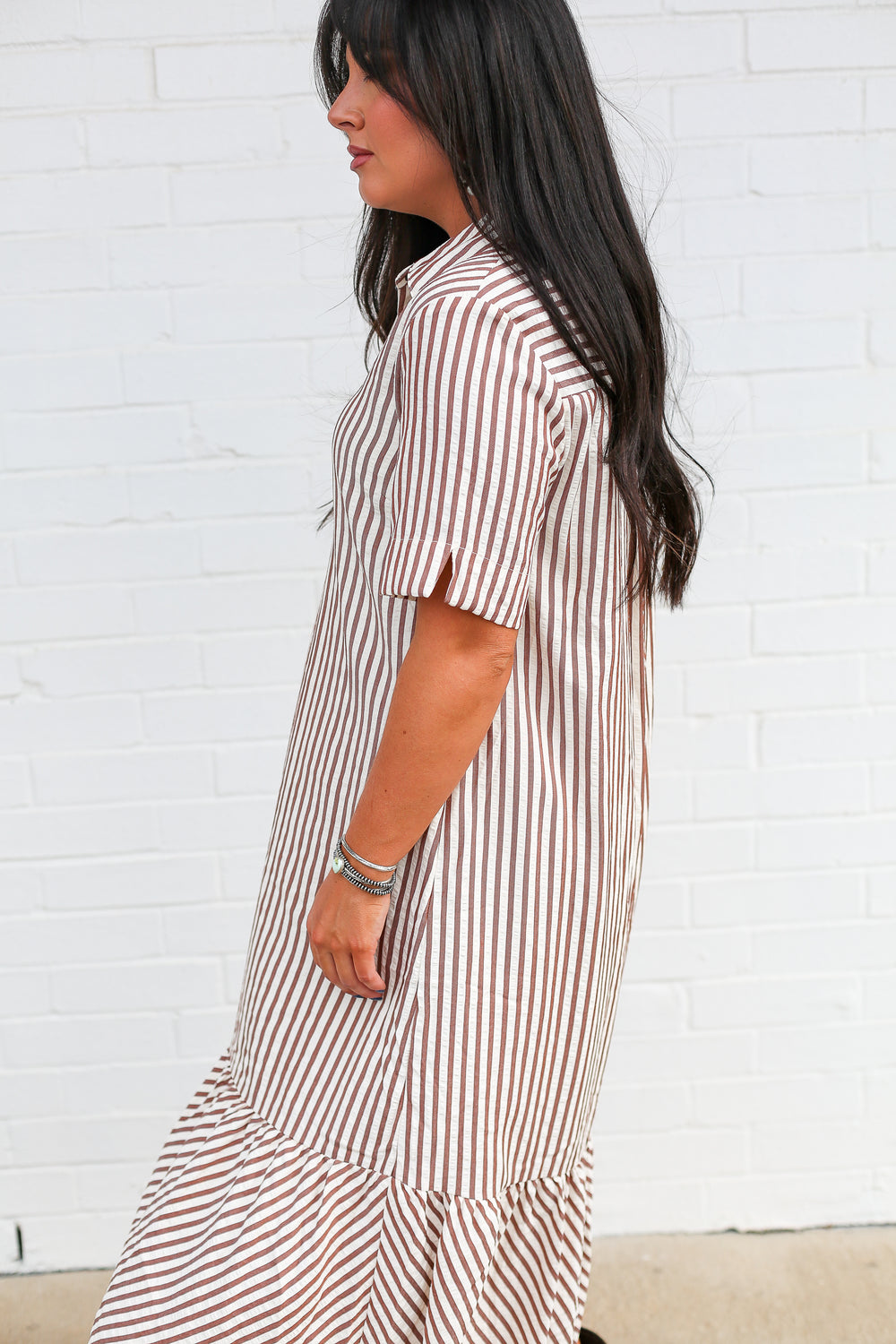 Brown Pinstripe Button Up Dress