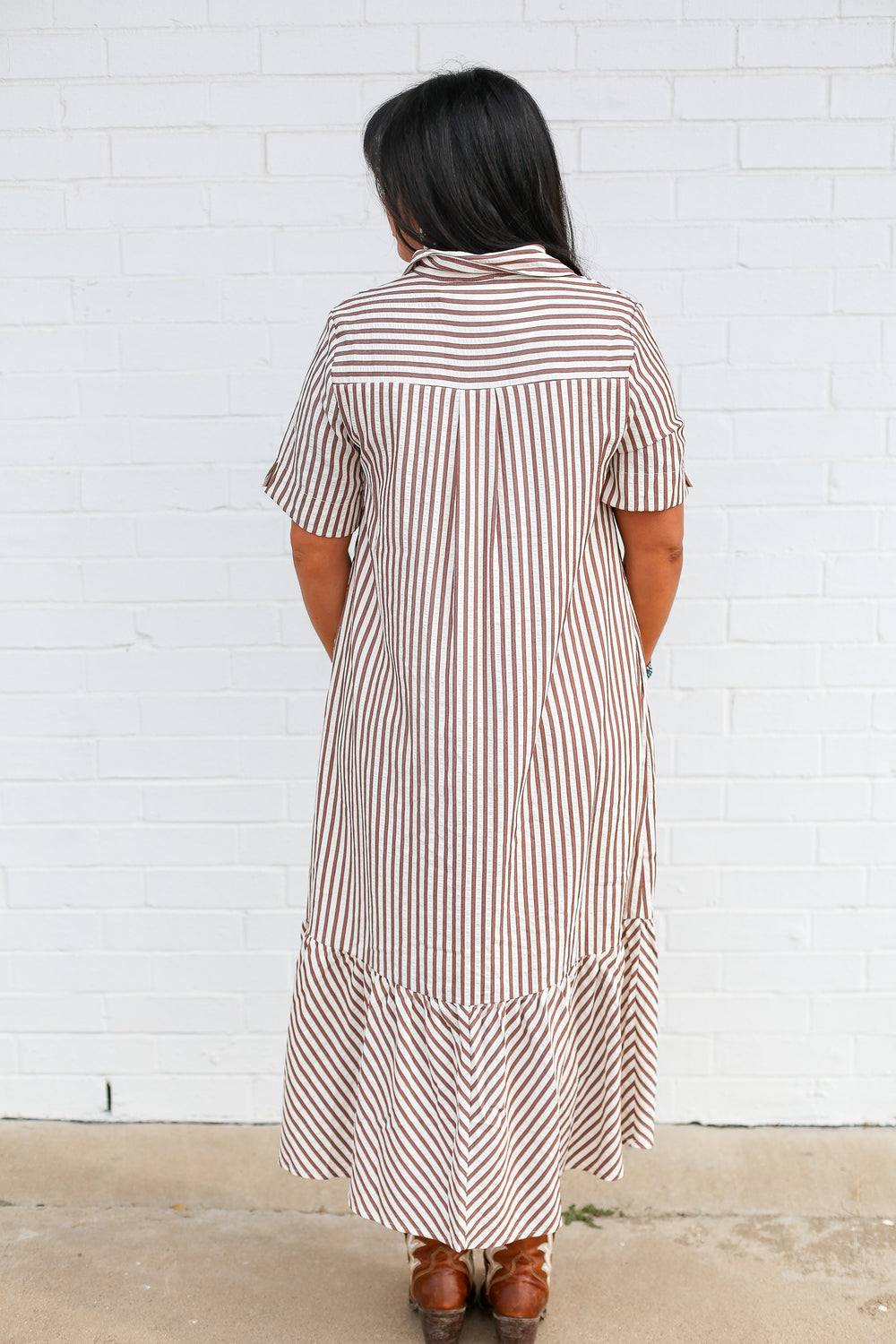 Brown Pinstripe Button Up Dress