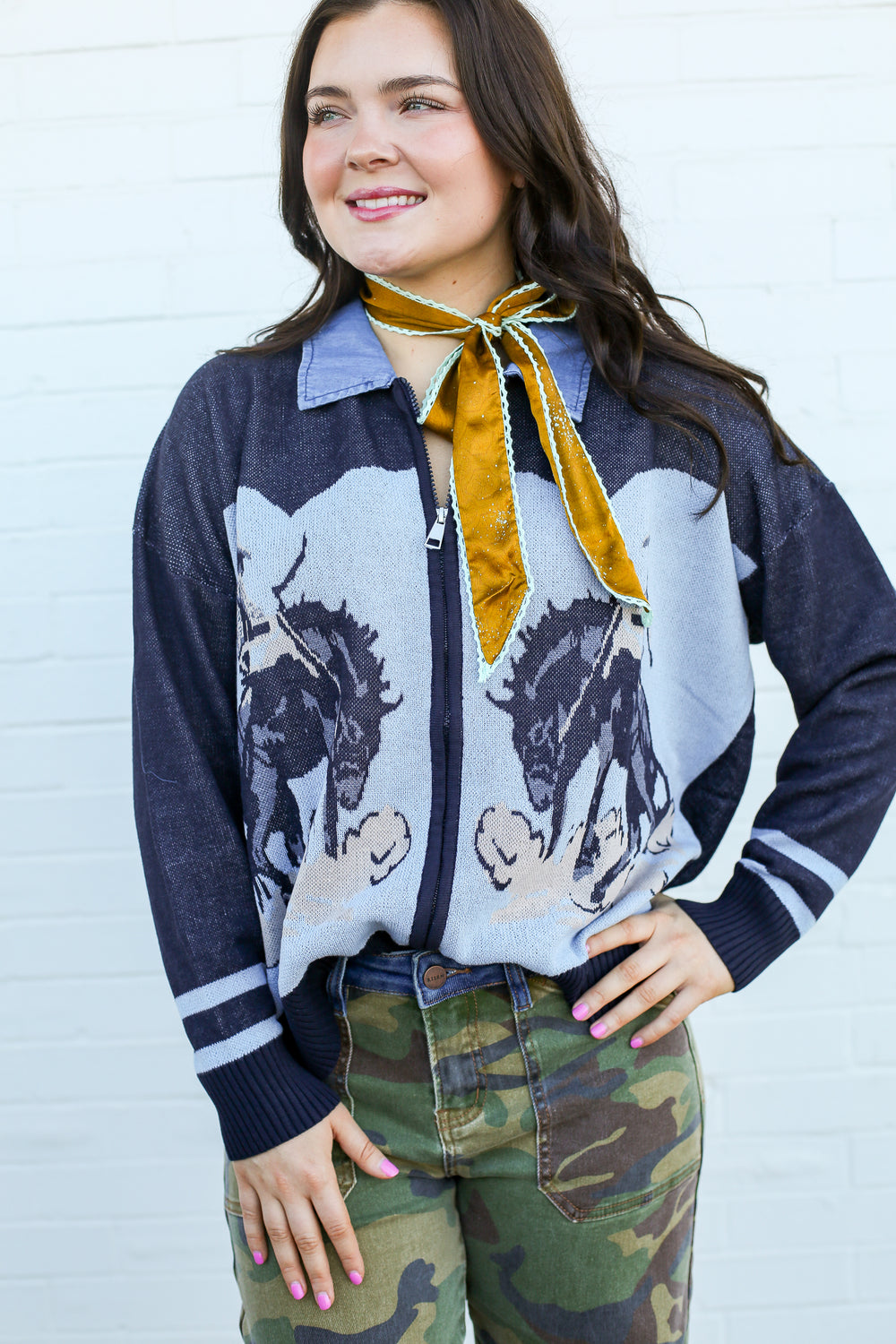 Buckin Bronc Blues Zipper Cardi