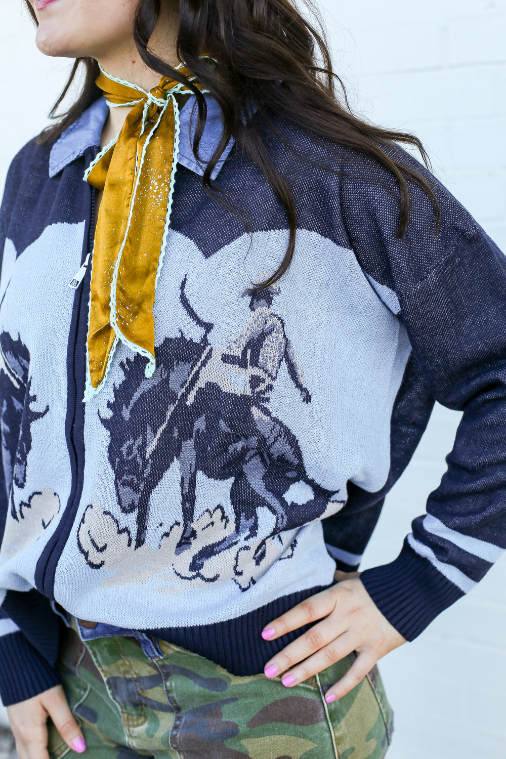 Buckin Bronc Blues Zipper Cardi