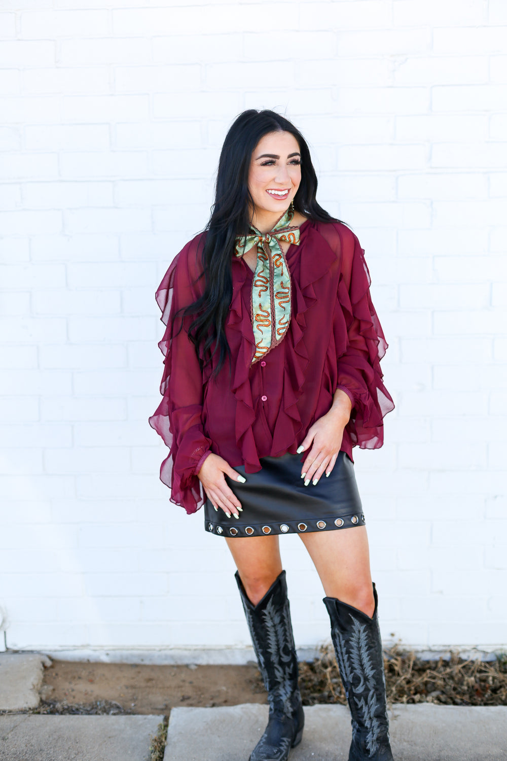 Burgundy All Over Ruffle Blouse