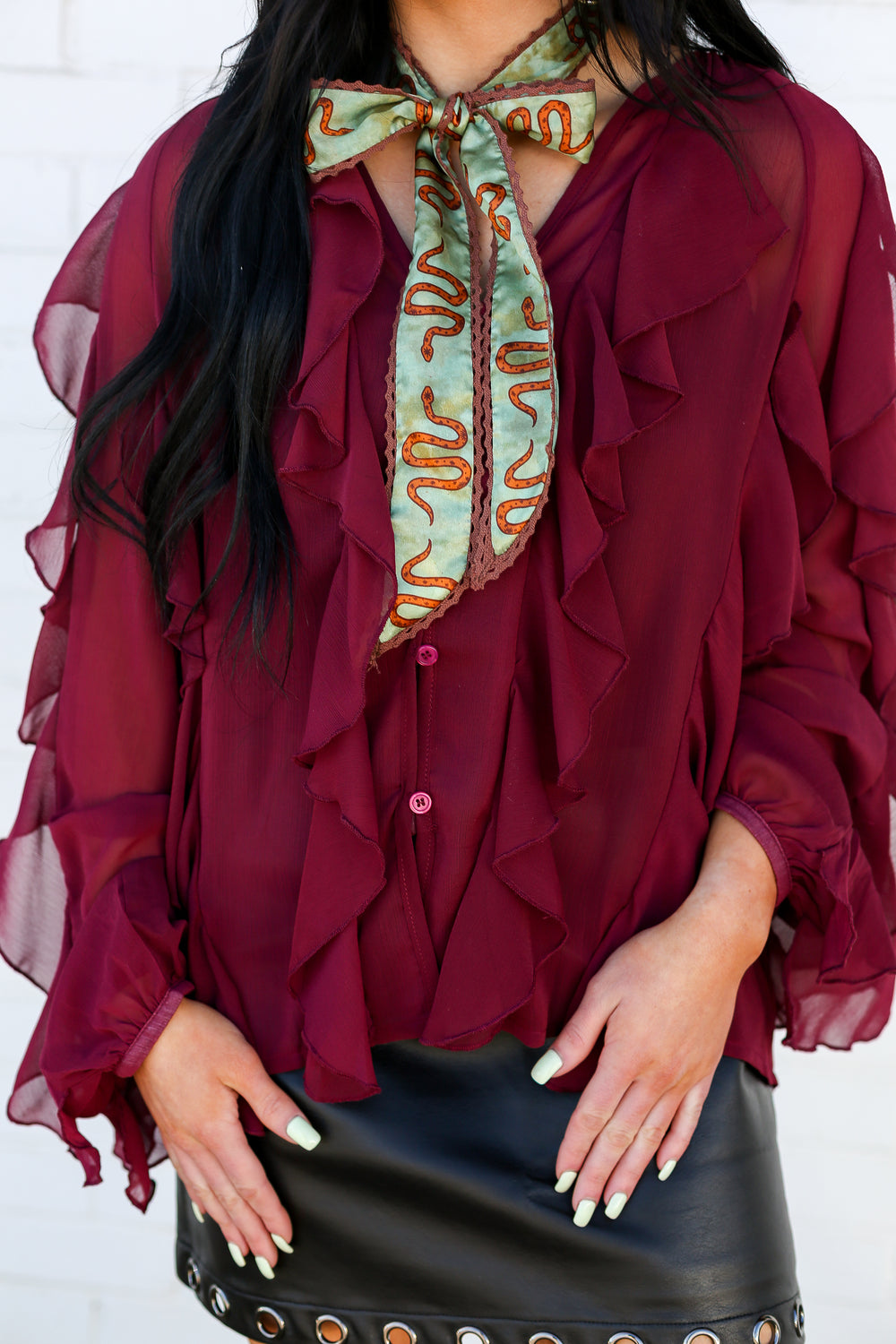 Burgundy All Over Ruffle Blouse