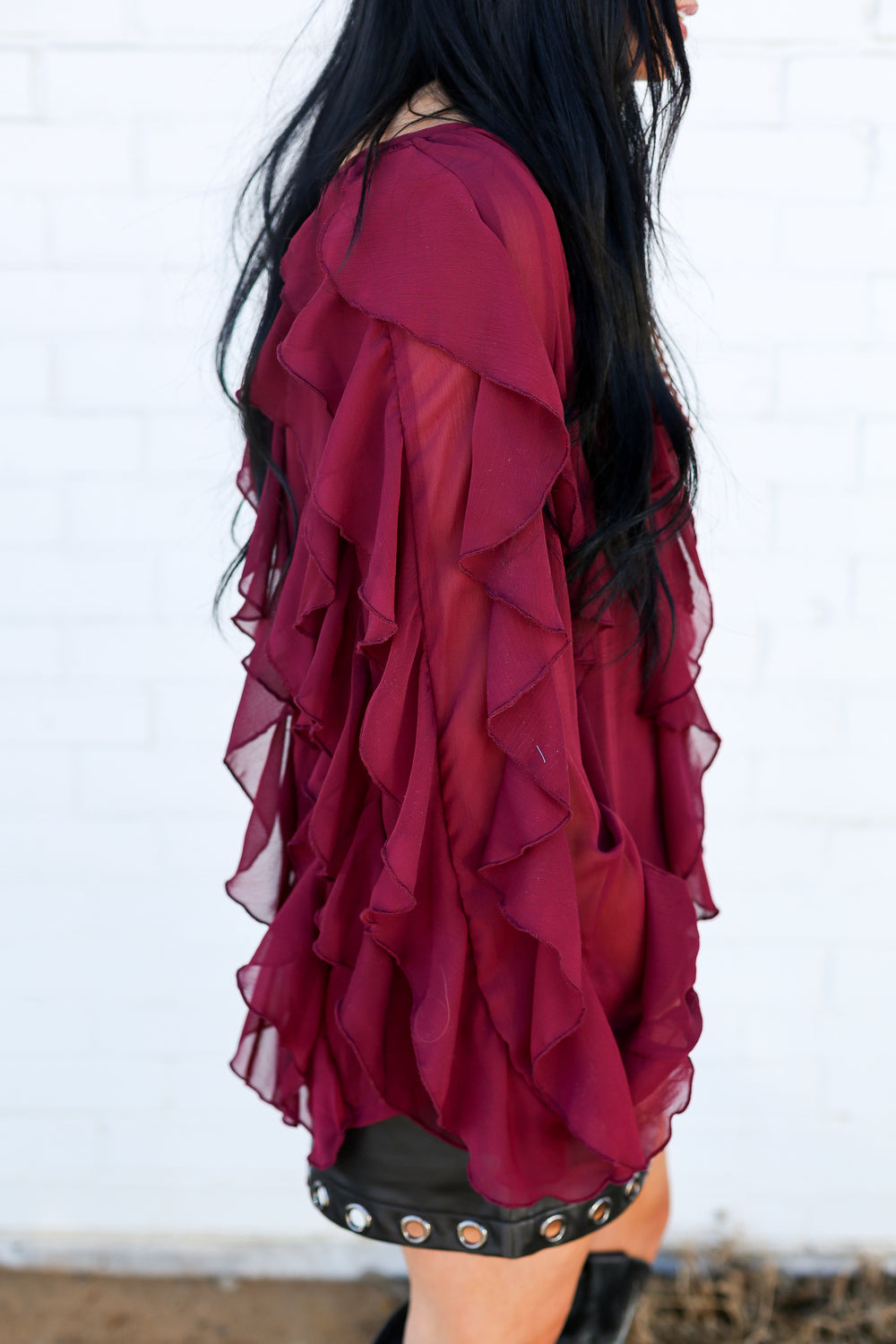 Burgundy All Over Ruffle Blouse