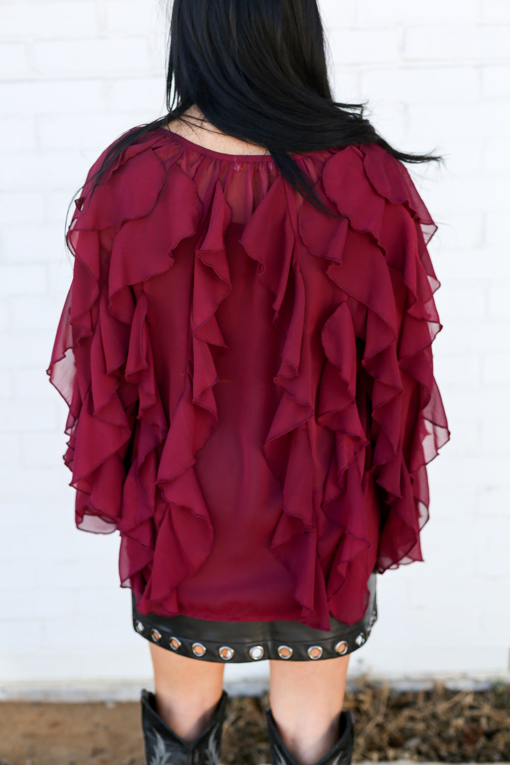 Burgundy All Over Ruffle Blouse