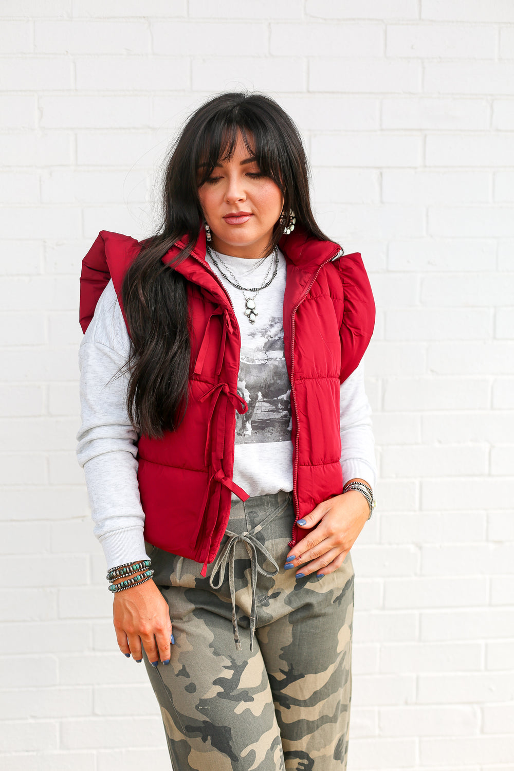 Burgundy Flutter Sleeve Puffer Vest