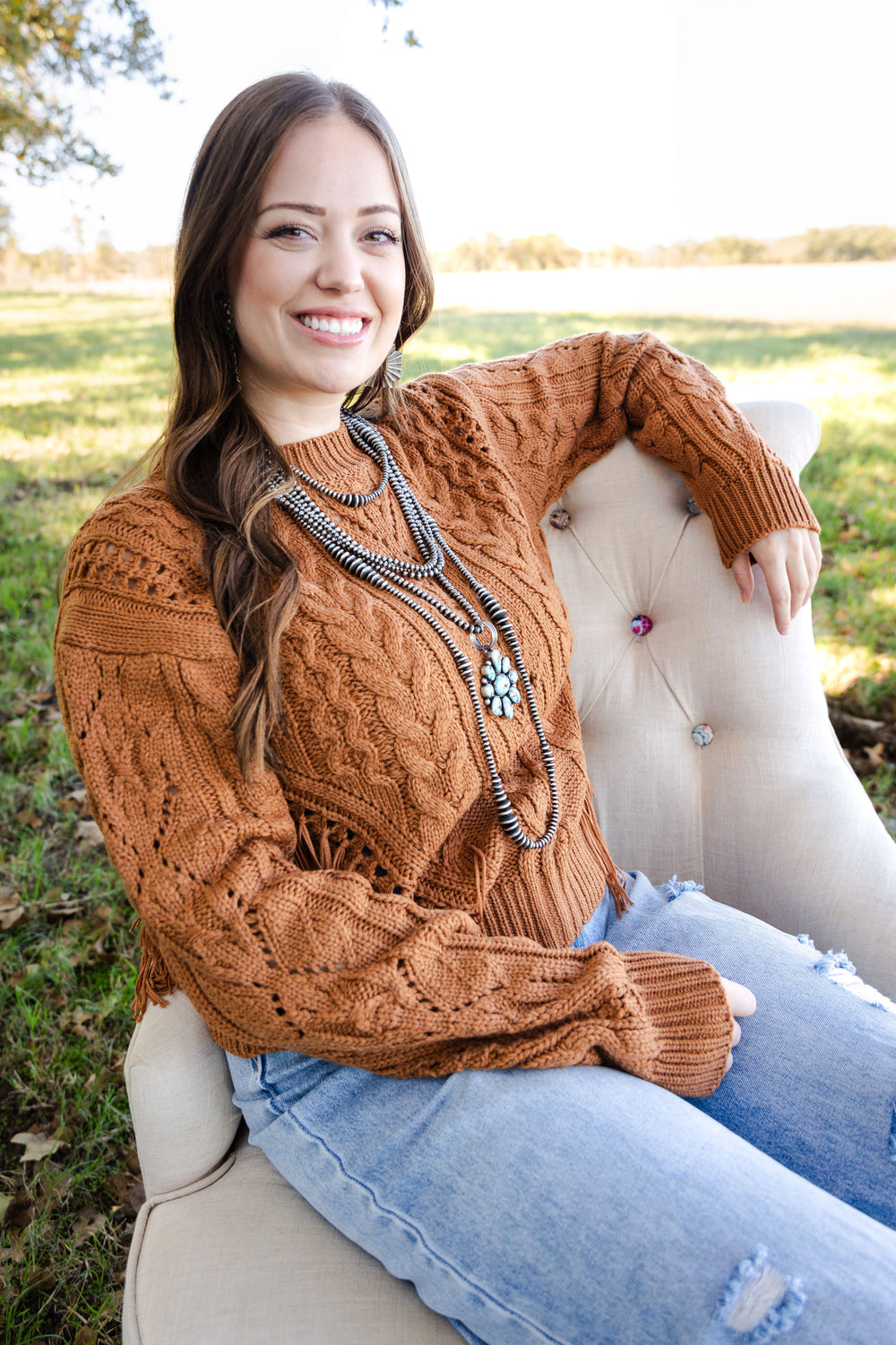 Camel Cable Knit Fringe Sweater