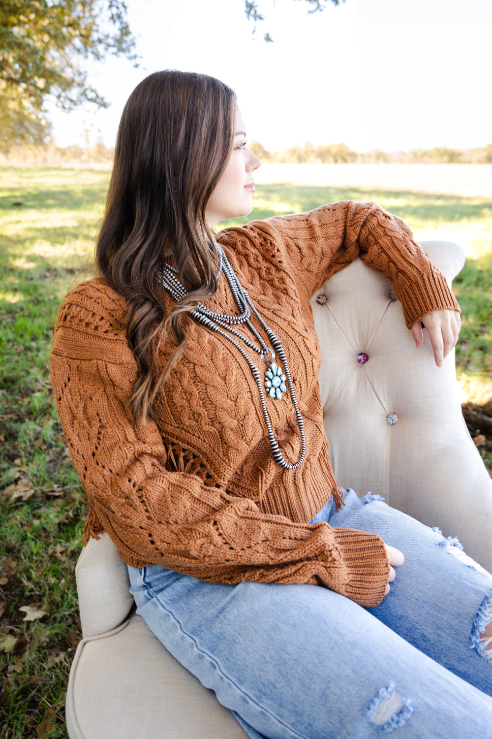 Camel Cable Knit Fringe Sweater