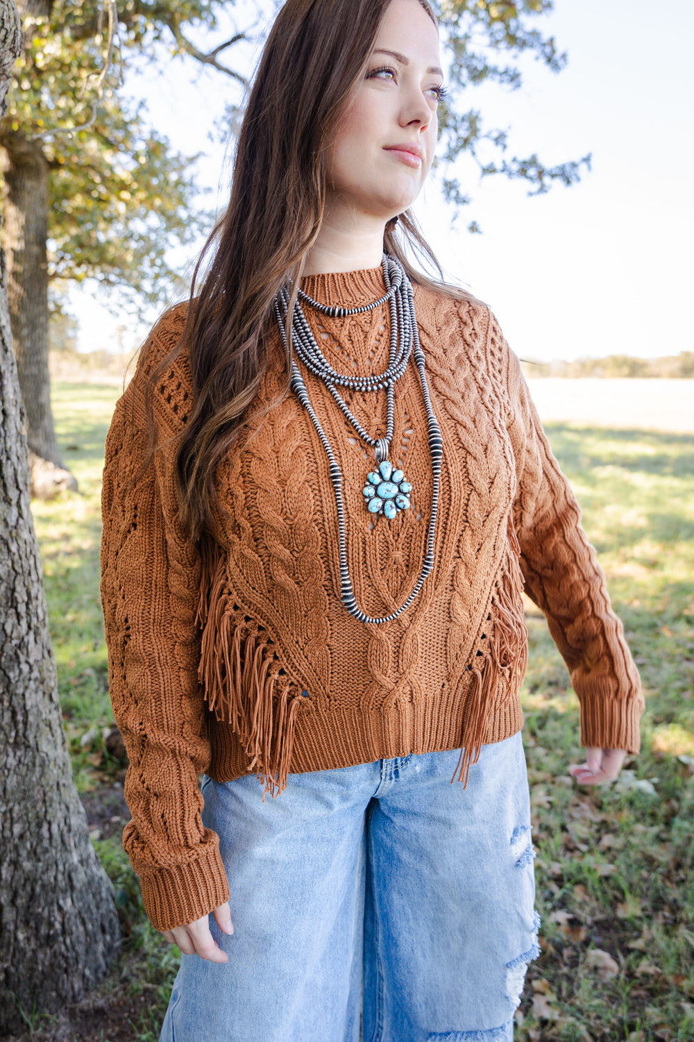 Camel Cable Knit Fringe Sweater