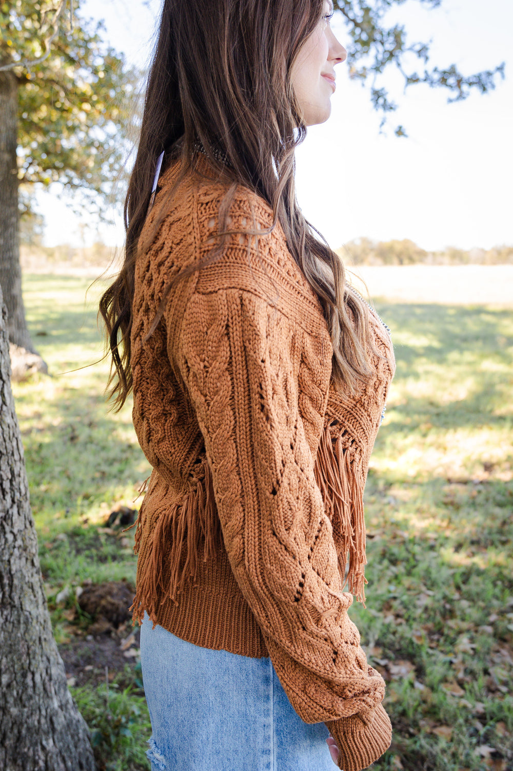 Camel Cable Knit Fringe Sweater