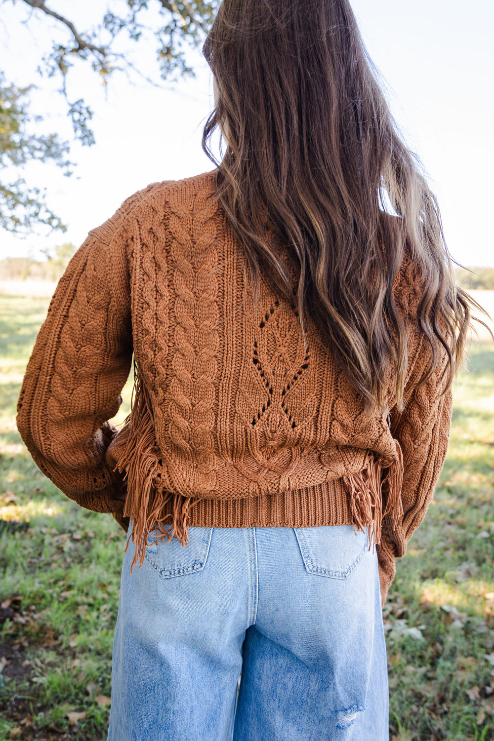 Camel Cable Knit Fringe Sweater