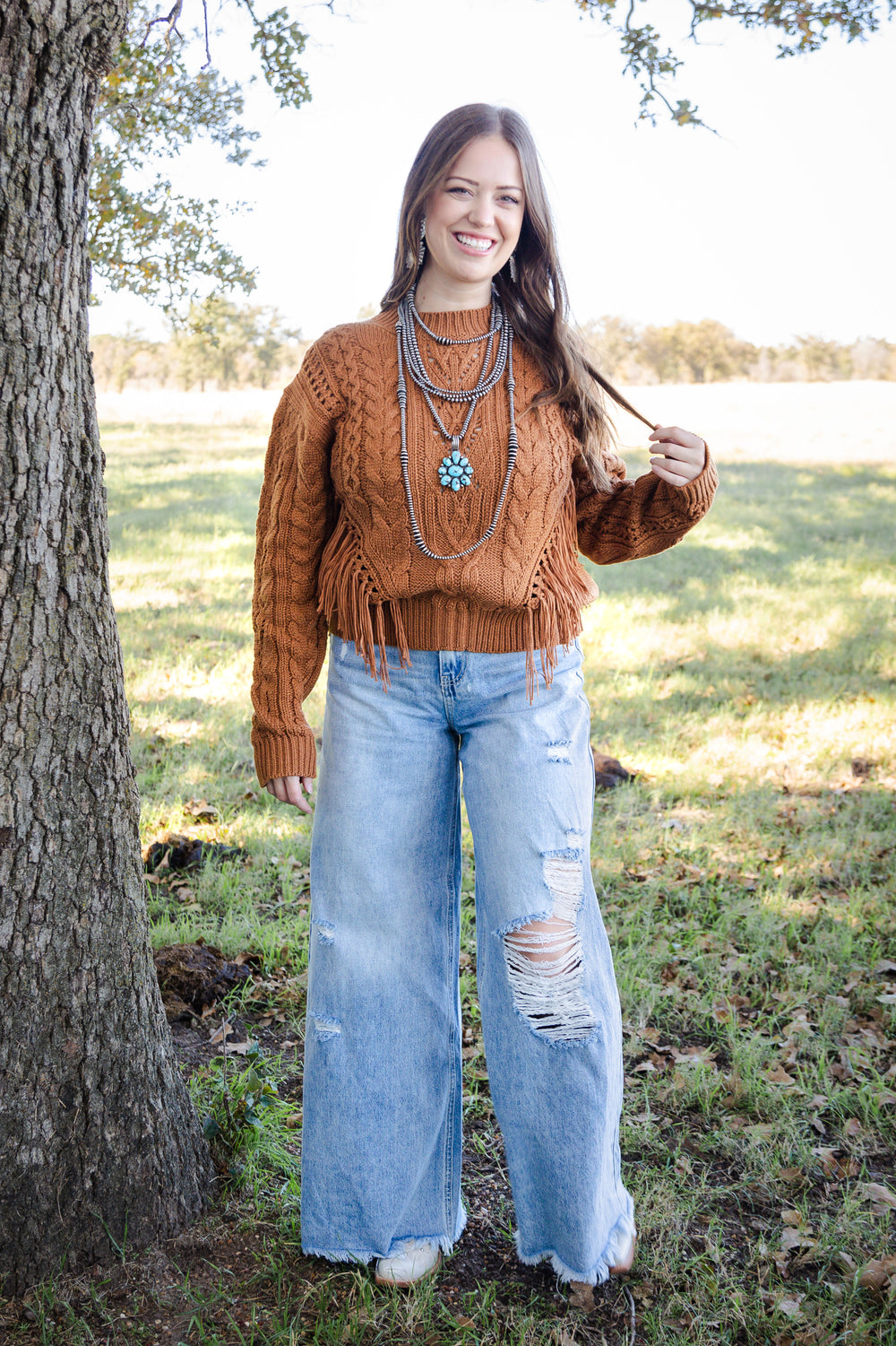 Camel Cable Knit Fringe Sweater