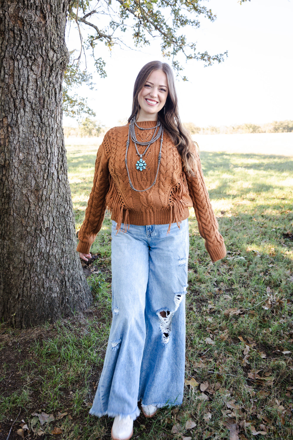 Camel Cable Knit Fringe Sweater