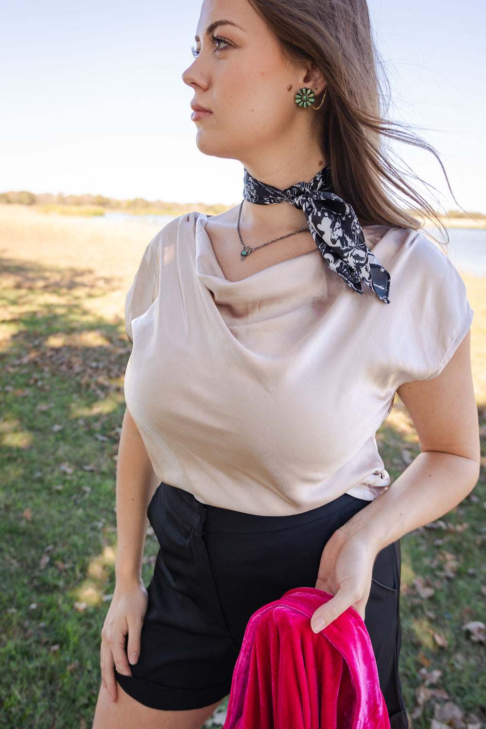 Champagne Satin Cowl Blouse