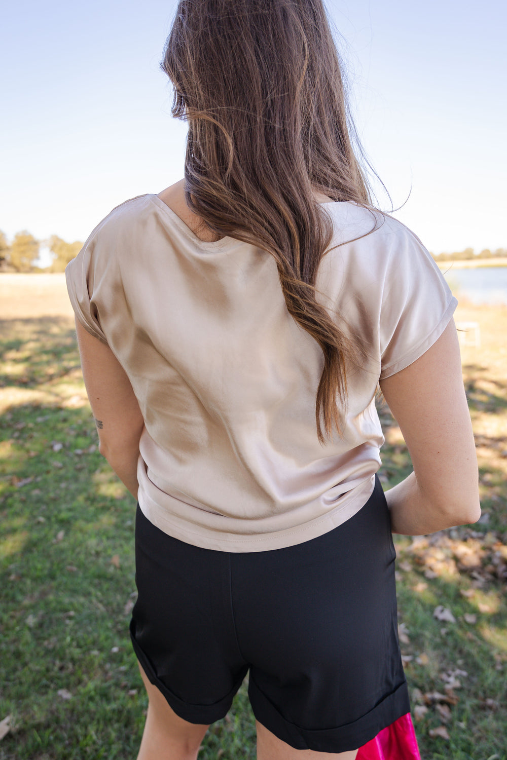 Champagne Satin Cowl Blouse