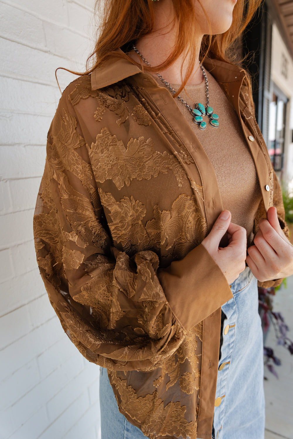 Copper Sheer Floral Button Down