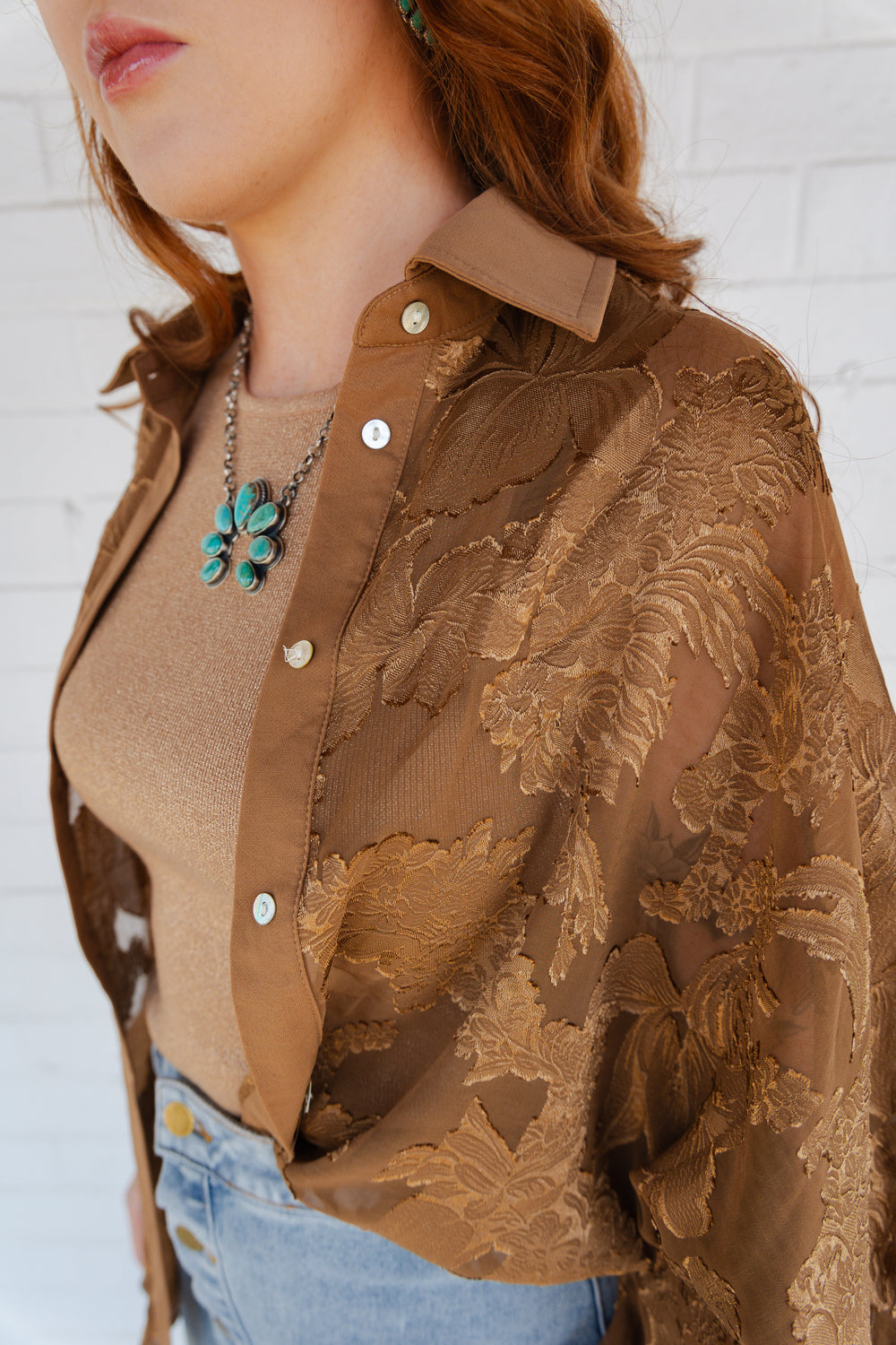 Copper Sheer Floral Button Down